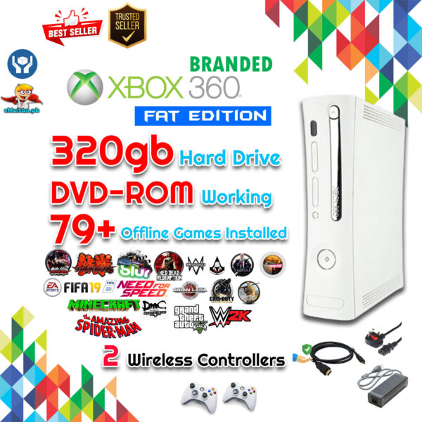 Xbox 360 Console 320gb HDD with 2 Wireless Controllers 80 Games included Totally Offline