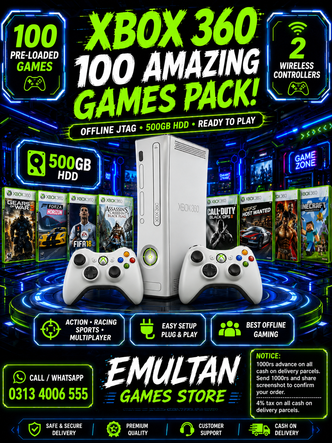 Xbox 360 Offline JTAG 500GB HDD with 100 Games & 2 Wireless Controllers – EMULTAN Games Store - Image 2